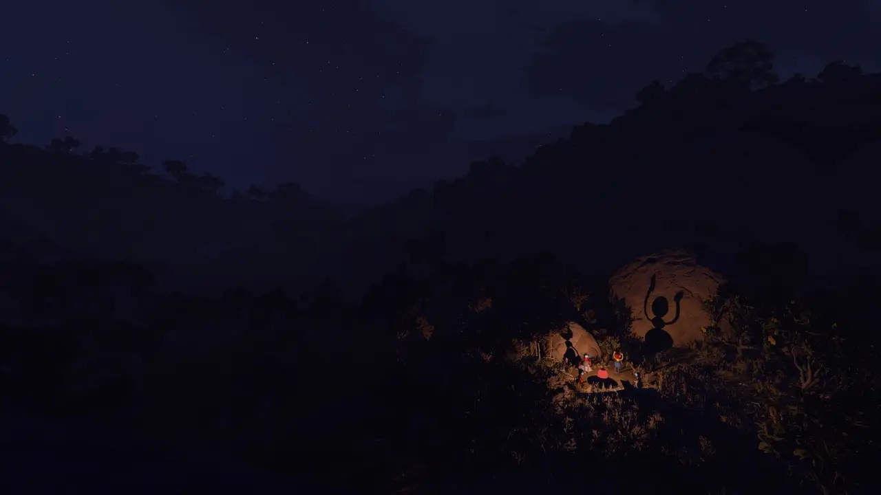 A Big Walk camp lit at night